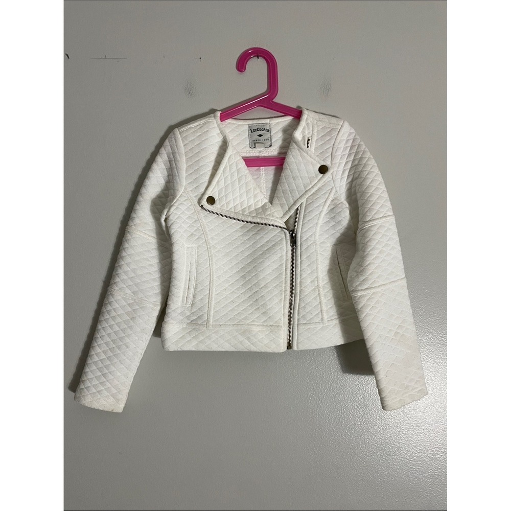 Lee Cooper Girls White Quilted Moto Jacket Size 10 Asymmetrical Zip Biker Style